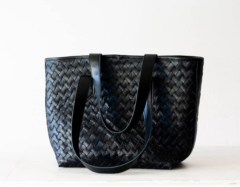 Black Handwoven Leather Tote Bag