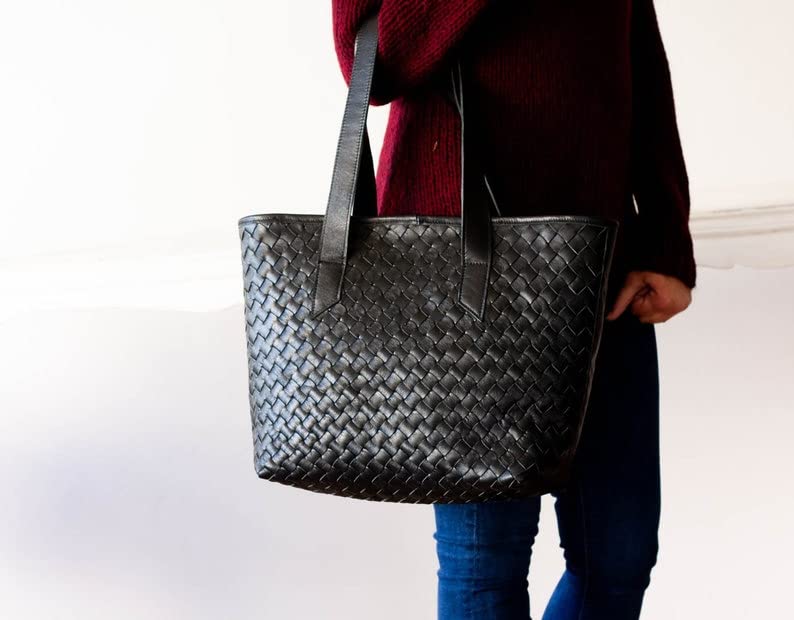 Black Handwoven Leather Tote Bag