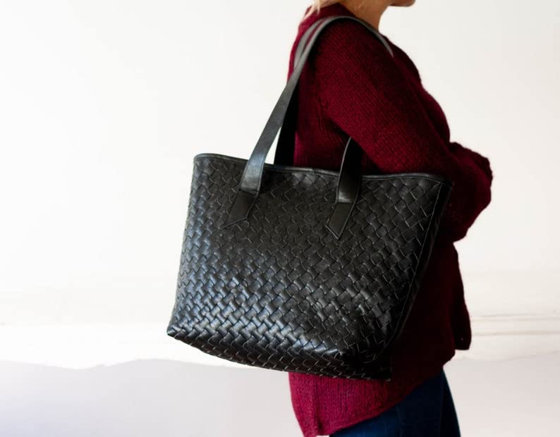 Black Handwoven Leather Tote Bag