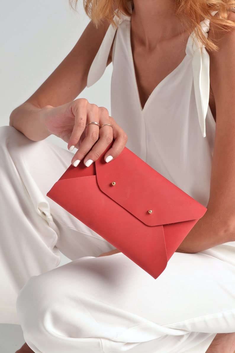 Red leather envelope clutch bag With wrist strap