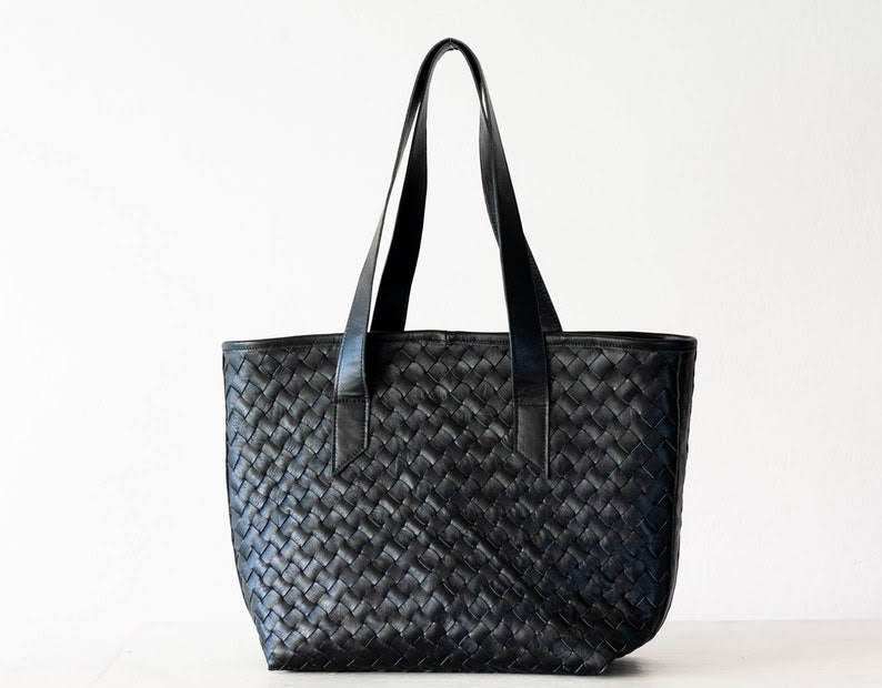 Black Handwoven Leather Tote Bag