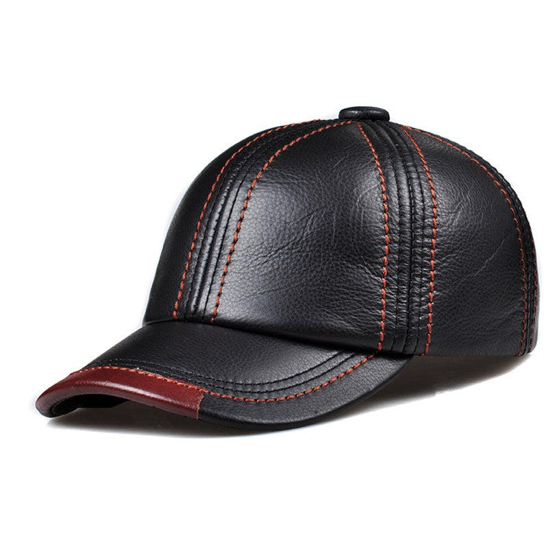 Modesh Rigal Black & Red Premium Leather Baseball Cap for Men's.- Stylish  and Comfortable Headwear…